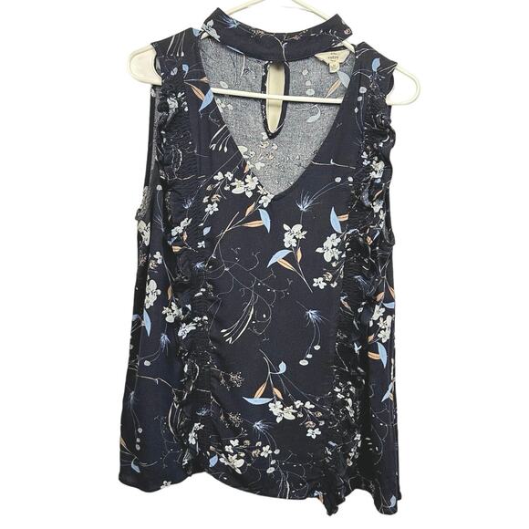 entro Tops - Entro Anthropologie Dark Navy Floral Keyhole Cut Out Sleeveless Blouse Size M
